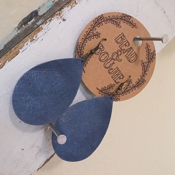 Genuine Light Blue Leather Teardrop Lightweight Dangle Statement Earrings - Picture 3 of 7